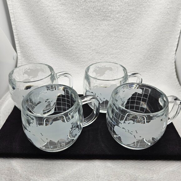 Nescafe Mugs Coffee Tea Cups Taste Your Way Clear World Etched Mugs Set of 4 Vtg - Picture 1 of 10